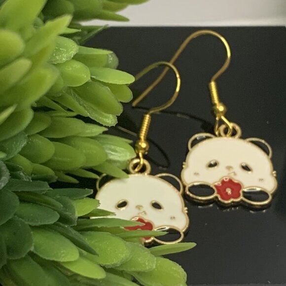 Panda Earring, Panda Bear Jewelry, Gift, Panda Jewelry, Flower Earring, Flower - Picture 3 of 8